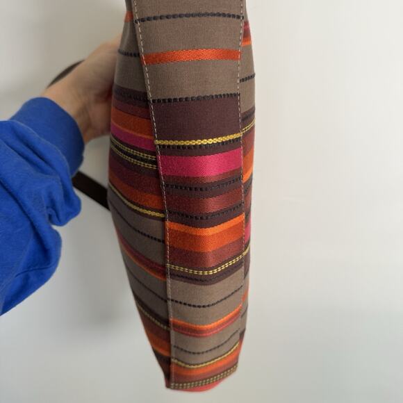 Longchamp Women’s Shoulder Bag Canvas Brown Gold Striped Tote Purse France Rare - Picture 10 of 12